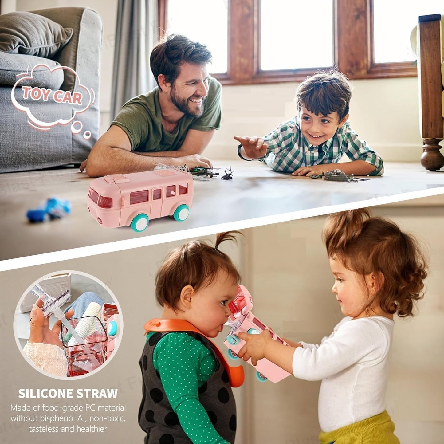 Bus Shape Car Water Bottle with Straw, Portable Kid Water Cup with Shoulder Strap, Spill-Proof 360° Leakproof Flip Lid, Movable Wheels, Travel & School Friendly