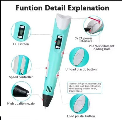 3D Printing Pen with LCD Display for Kids & Adults, Adjustable Temperature & Speed Control | Professional 3D Drawing Pen Kit with 10 Multicolor PLA Filament Refills USB Cable & Stand