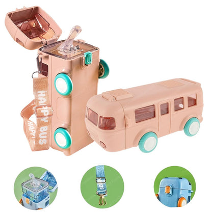 Bus Shape Car Water Bottle with Straw, Portable Kid Water Cup with Shoulder Strap, Spill-Proof 360° Leakproof Flip Lid, Movable Wheels, Travel & School Friendly