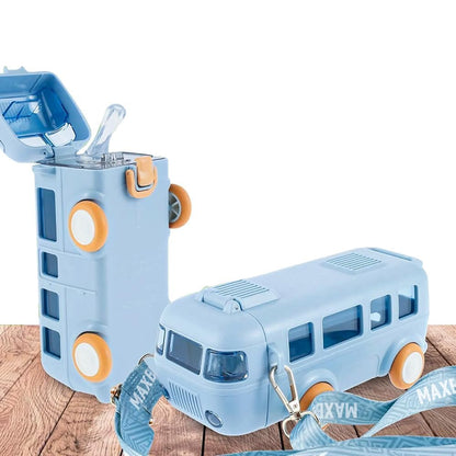 Bus Shape Car Water Bottle with Straw, Portable Kid Water Cup with Shoulder Strap, Spill-Proof 360° Leakproof Flip Lid, Movable Wheels, Travel & School Friendly