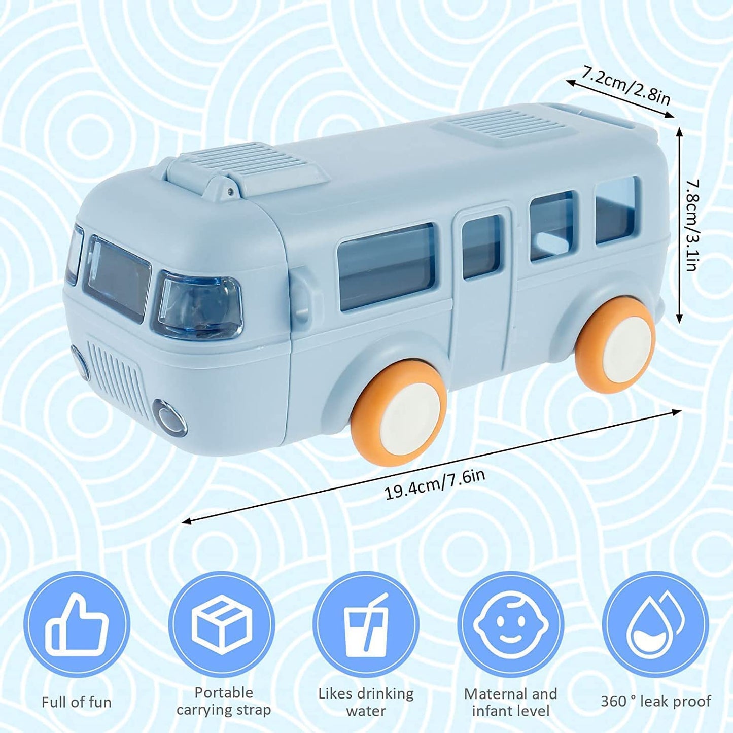 Bus Shape Car Water Bottle with Straw, Portable Kid Water Cup with Shoulder Strap, Spill-Proof 360° Leakproof Flip Lid, Movable Wheels, Travel & School Friendly