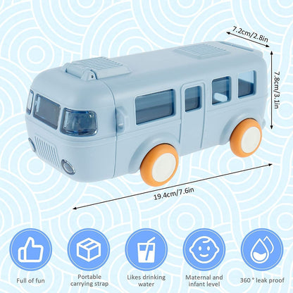 Bus Shape Car Water Bottle with Straw, Portable Kid Water Cup with Shoulder Strap, Spill-Proof 360° Leakproof Flip Lid, Movable Wheels, Travel & School Friendly
