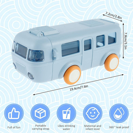 Bus Shape Car Water Bottle with Straw, Portable Kid Water Cup with Shoulder Strap, Spill-Proof 360° Leakproof Flip Lid, Movable Wheels, Travel & School Friendly