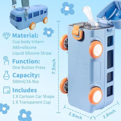 Bus Shape Car Water Bottle with Straw, Portable Kid Water Cup with Shoulder Strap, Spill-Proof 360° Leakproof Flip Lid, Movable Wheels, Travel & School Friendly