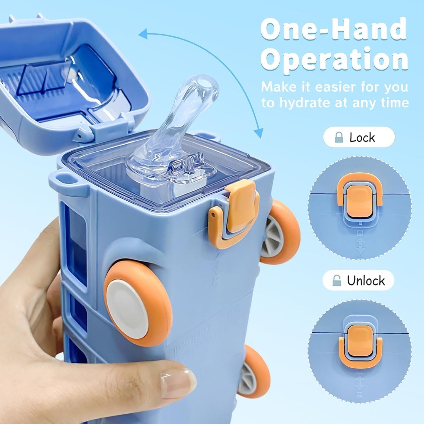 Bus Shape Car Water Bottle with Straw, Portable Kid Water Cup with Shoulder Strap, Spill-Proof 360° Leakproof Flip Lid, Movable Wheels, Travel & School Friendly
