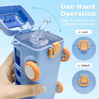 Bus Shape Car Water Bottle with Straw, Portable Kid Water Cup with Shoulder Strap, Spill-Proof 360° Leakproof Flip Lid, Movable Wheels, Travel & School Friendly