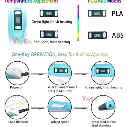3D Printing Pen with LCD Display for Kids & Adults, Adjustable Temperature & Speed Control | Professional 3D Drawing Pen Kit with 10 Multicolor PLA Filament Refills USB Cable & Stand