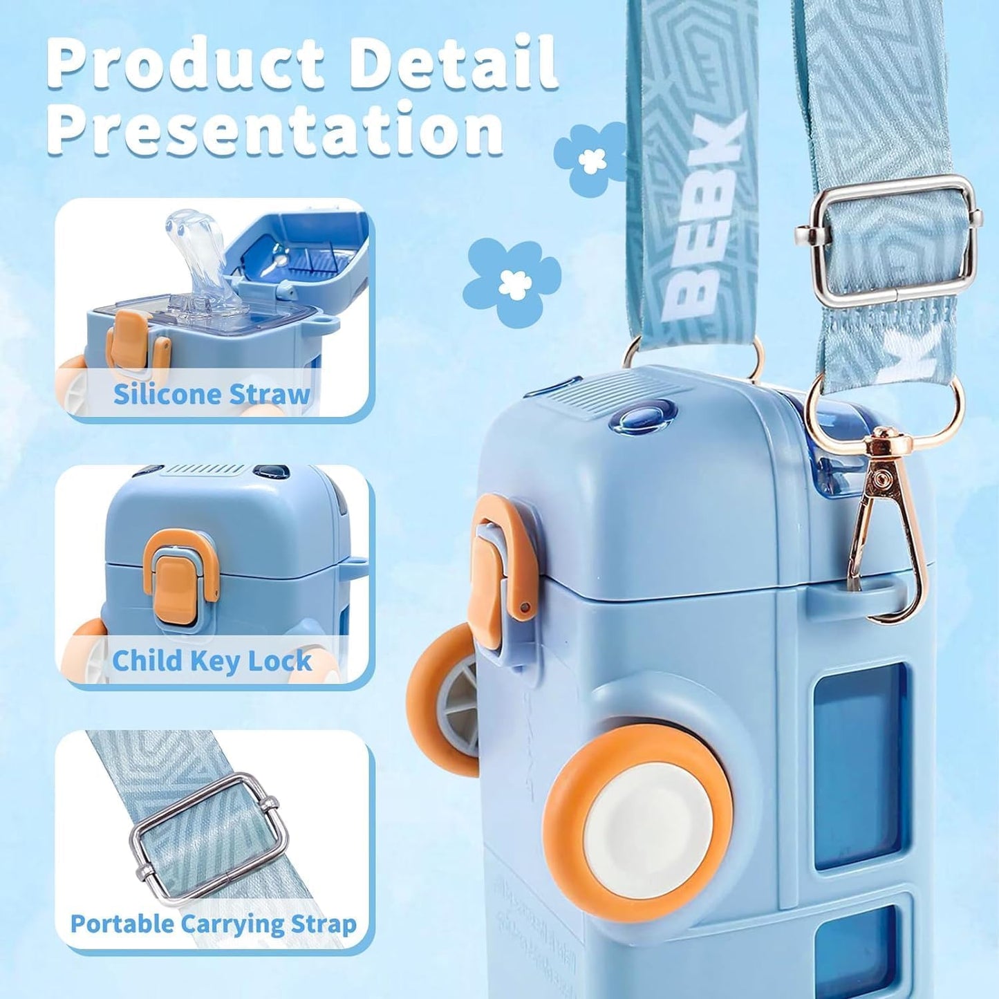 Bus Shape Car Water Bottle with Straw, Portable Kid Water Cup with Shoulder Strap, Spill-Proof 360° Leakproof Flip Lid, Movable Wheels, Travel & School Friendly