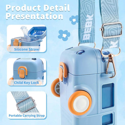 Bus Shape Car Water Bottle with Straw, Portable Kid Water Cup with Shoulder Strap, Spill-Proof 360° Leakproof Flip Lid, Movable Wheels, Travel & School Friendly