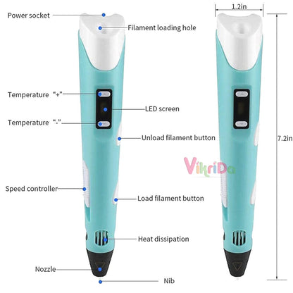 3D Printing Pen with LCD Display for Kids & Adults, Adjustable Temperature & Speed Control | Professional 3D Drawing Pen Kit with 10 Multicolor PLA Filament Refills USB Cable & Stand